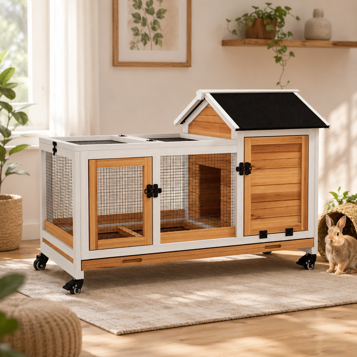 Grey Wooden Rabbit Hutch with Wheels & Removable Tray