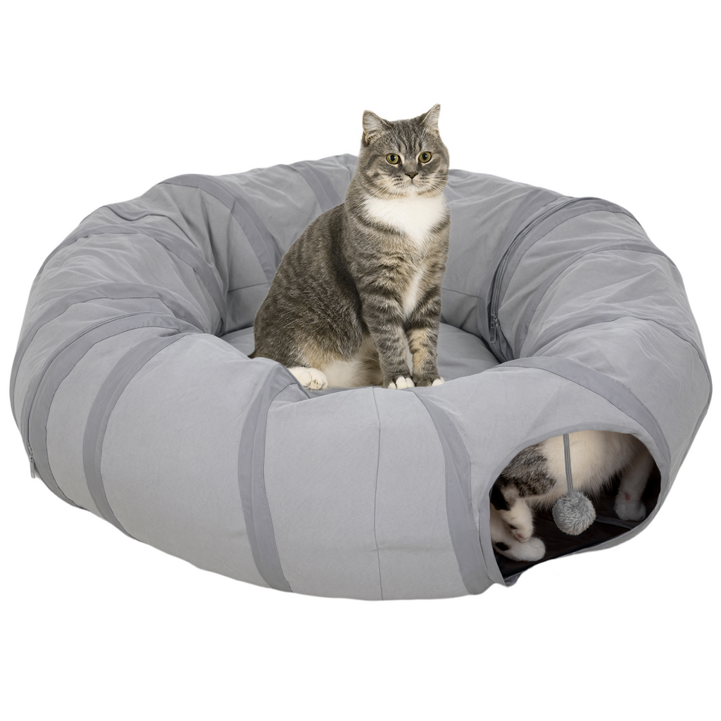 2-in-1 Cat Tunnel & Bed for Indoor Cats – Grey