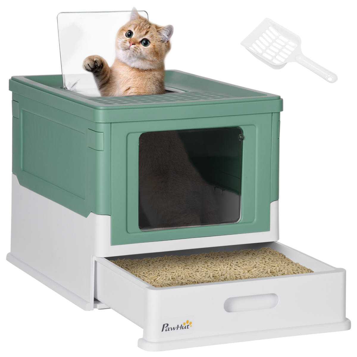 Portable Hooded Cat Litter Box with Scoop – Green