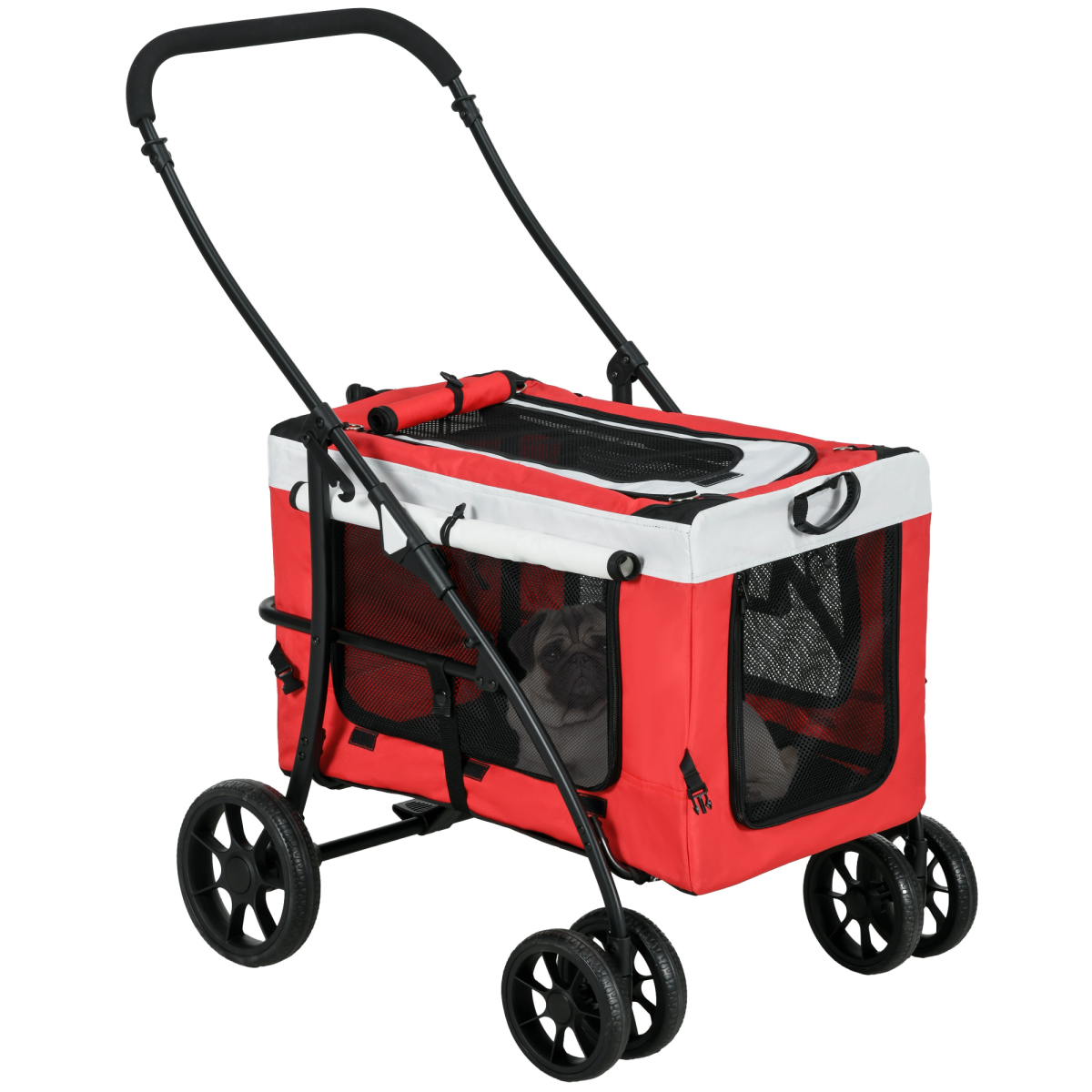 Foldable Pet Stroller with Detachable Carrier – Red